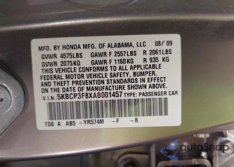 2010 Honda Accord 3.5 Ex-L from USA, damaged, VIN 5KBCP3F8XAB001457